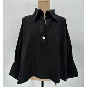 Step In Style Womens Black Cotton Popover Blouse Oversized Flared Cuff One Size